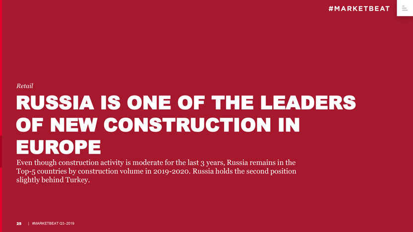 Even though construction activity is&nbsp;moderate for the last 3&nbsp;years, Russia remains in&nbsp;the Top-5 countries by&nbsp;construction volume in&nbsp;2019-2020. Russia holds the second position slightly behind Turkey.